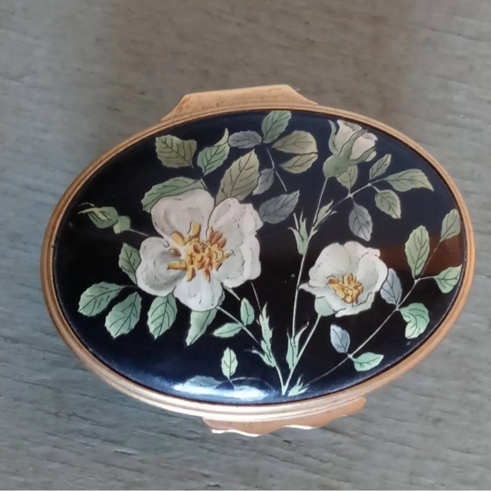 Vintage Tiffany & Co Halcyon Days Enamel Box Sybil Connolly Floral Navy Gold